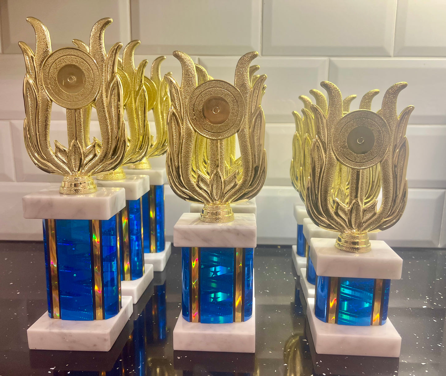 Gold & Blue Rectangular Tubing Trophies 1st - 3rd Place