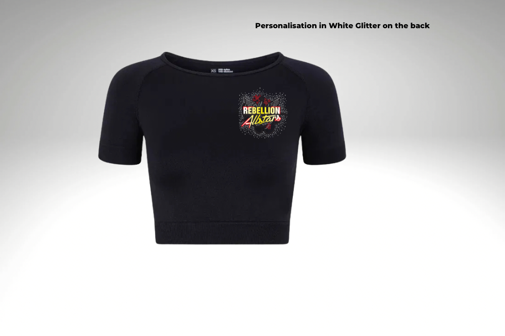 Rebellion Allstars Black Rhinestone Cap Sleeved Crop Top