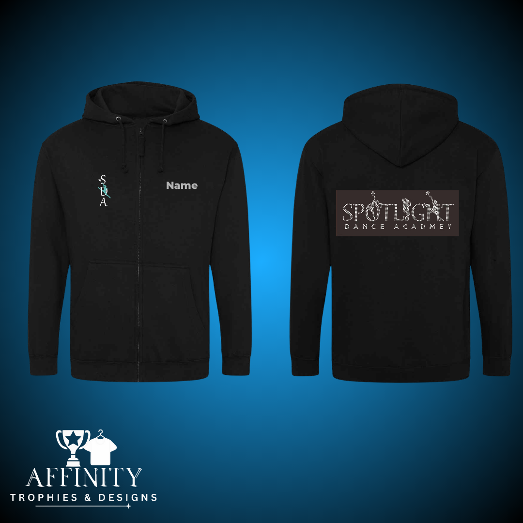 Spotlight Black Zip up Hoodie with Rhinestone Logo